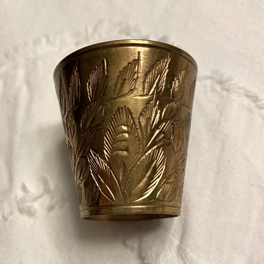 Brass shot glass lassi cup vase small etched engraved holder party.  #16